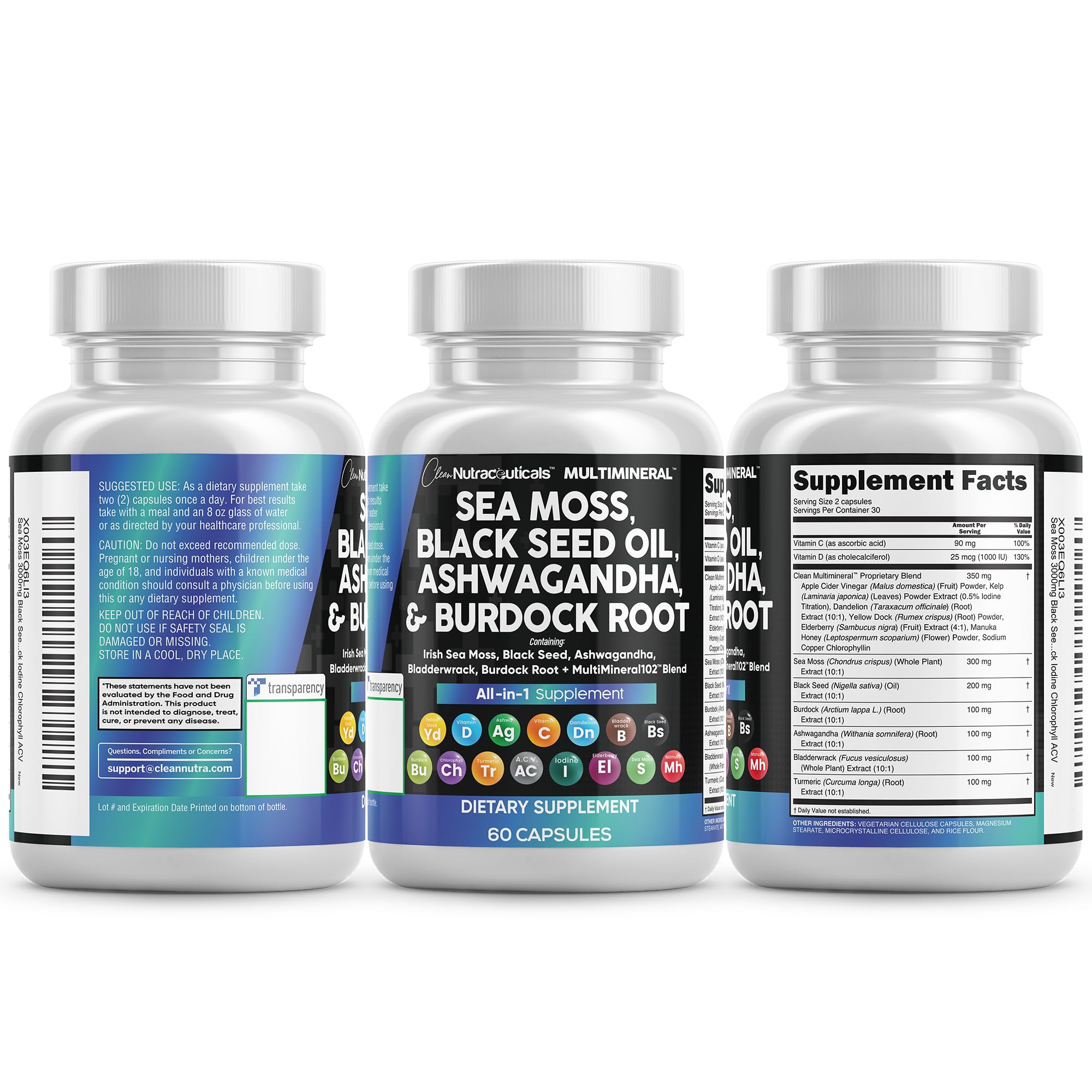 Clean Nutraceuticals Sea Moss Black Seed Oil Ashwagandha Turmeric Bladderwrack Burdock & Vitamin C Vitamin D3 with Elderberry Manuka Dandelion Yellow Dock Iodine Chlorophyll ACV