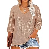 RITERA Plus Size Glitter Tops for Women 3/4 Sleeve Shirts Evening Cocktail V Neck Sequin Blouse Tunic Weddings XL-5XL