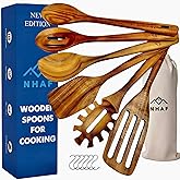 NHAF Wooden Utensils for Cooking, Premium Teak Healthy Spoons, Wooden Spoons for Cooking, Durable Eco-Friendly and Safe Teak Cooking Spoon, Cooking Gifts for Mom (set of 6) and Hooks
