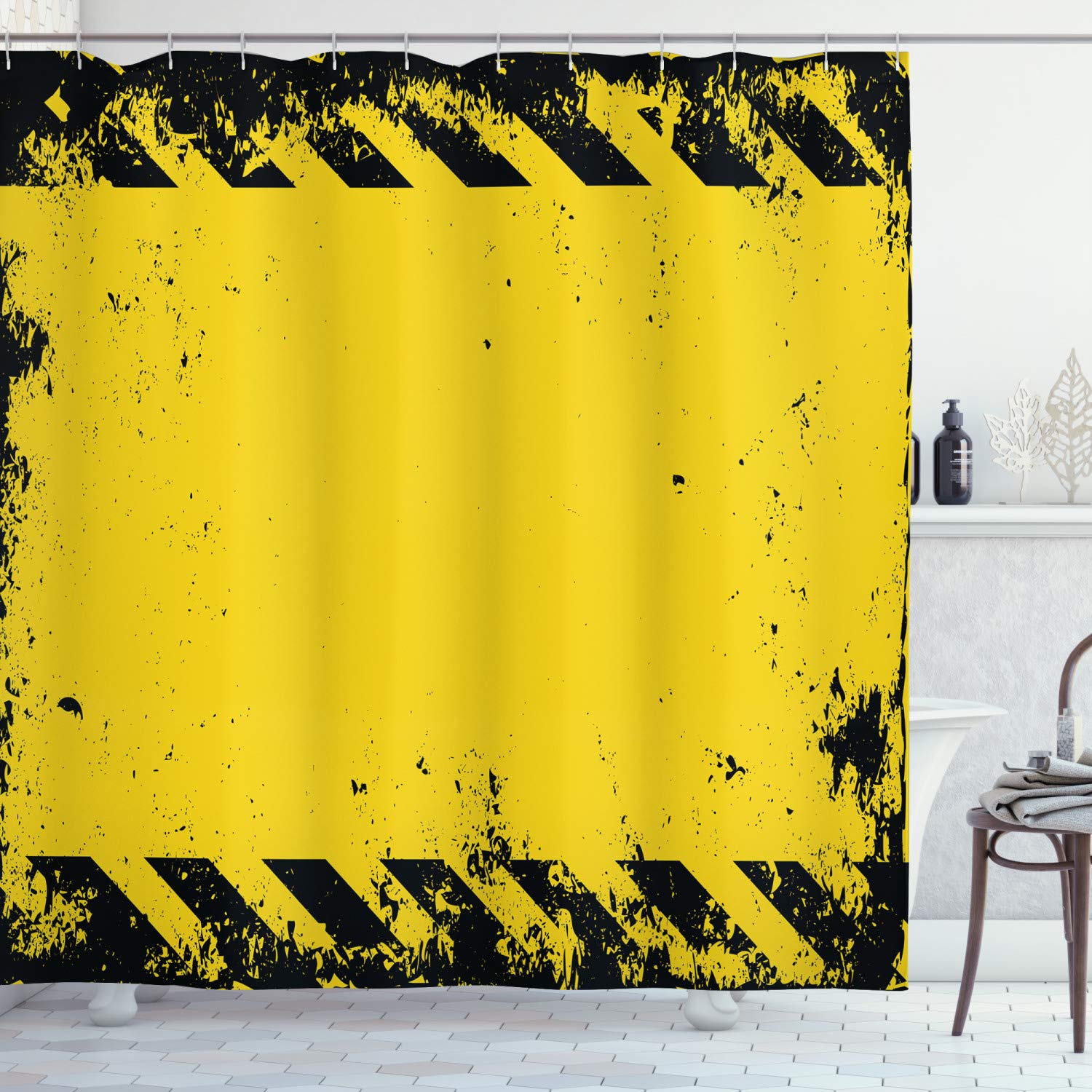 ABAKUHAUS Vintage Yellow Shower Curtain, Hazard Theme Caution Construction Tape Illustration with Grunge Look, Cloth Fabric Bathroom Decor Set with Hooks, 78 Inches, Yellow and Black