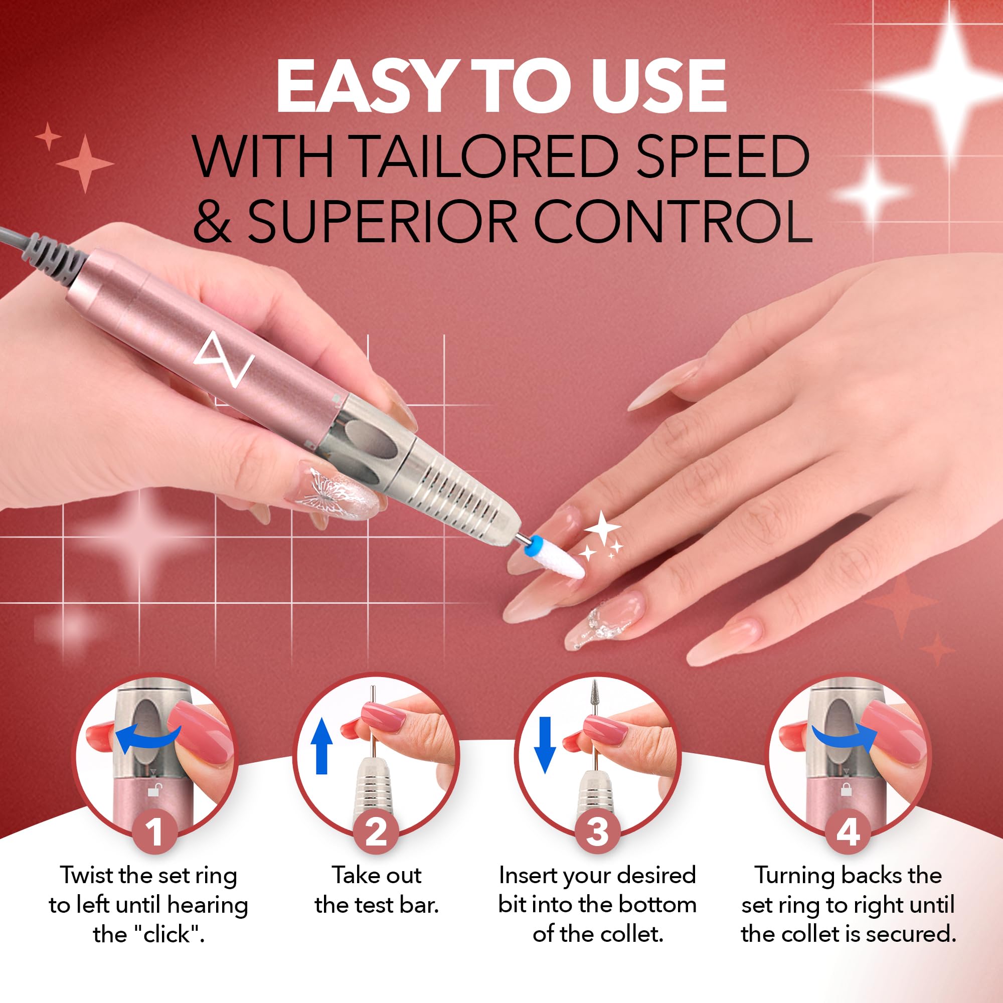 M Max - Nail Drill Professional - 2-in-1 Brushless Motor Nails Drill Machine - Electric, Cordless, Aluminium Alloy Casing, 35000 RPM, HD Display - Perfect for Salon & Home Use (Rose Gold) - Image 3