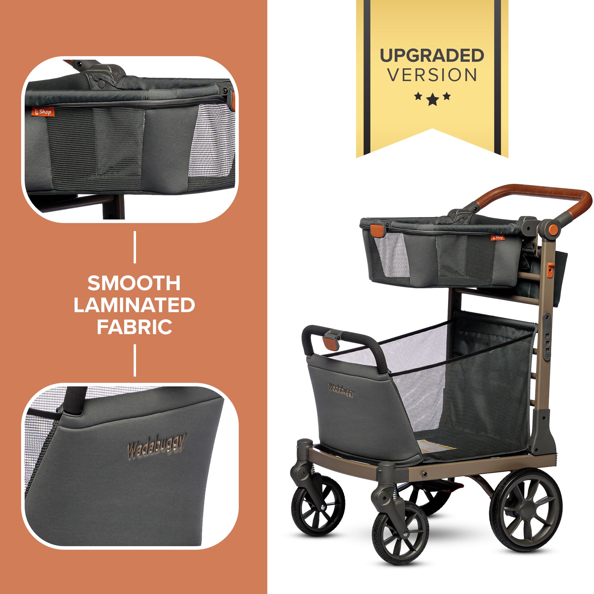 Wadabuggy Shop Foldable Shopping Cart - Portable & Lightweight Folding Utility Carts with Easy to Maneuver Wheels, Storage Baskets for Grocery and Heavy Duty, Cup Holders & Zippered Pouch