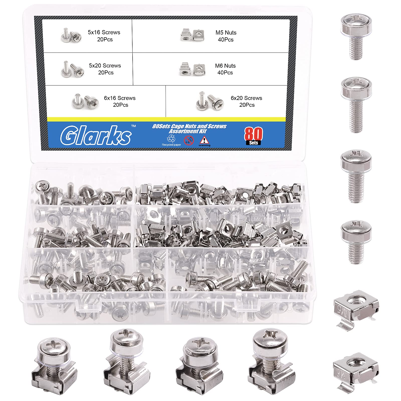 Glarks 80Sets/160Pcs M5 M6 Cage Nuts and Screws Set, Square Hole Hardware Cage Nuts & Mounting Screws Washers for Server Rack and Cabinet (M5 x 16mm, M5 x 20mm, M6 x 16mm, M6 x 20mm)