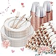 Bestluck 350PCS Rose Gold Plastic Plates for 50 Guests, Disposable Dinnerware Sets Include 100 Rose Gold Rim Plastic Plates, 50 Silverware, 50 Pre Rolled Napkins for Party, Wedding and Baby Shower