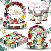 Hawaiian Aloha Party Supplies Tropical Themed Birthday Decoration Aloha Tropical Plates and Napkins for Hawaiian Luau Birthday Decorations Serves 20, 100 Pcs Disposable Party Dessert Dinnerwares