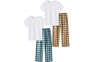 Boys Pajamas 4-Piece Set Kids Clothes Stretch Ribbed Cotton Sleepwear White Top Checkered Pants Nightwear 3-12 Years