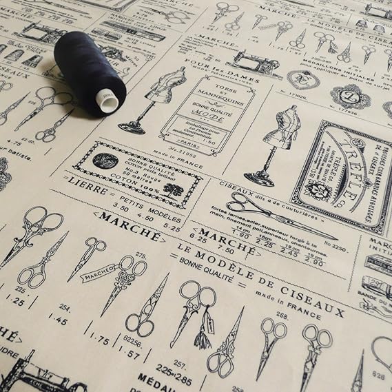 Vintage Style Nähen Neuheit Thema Baumwolle Bedruckter Stoff – French Schreiben & Schere Ikonen creme navy print – Meterware