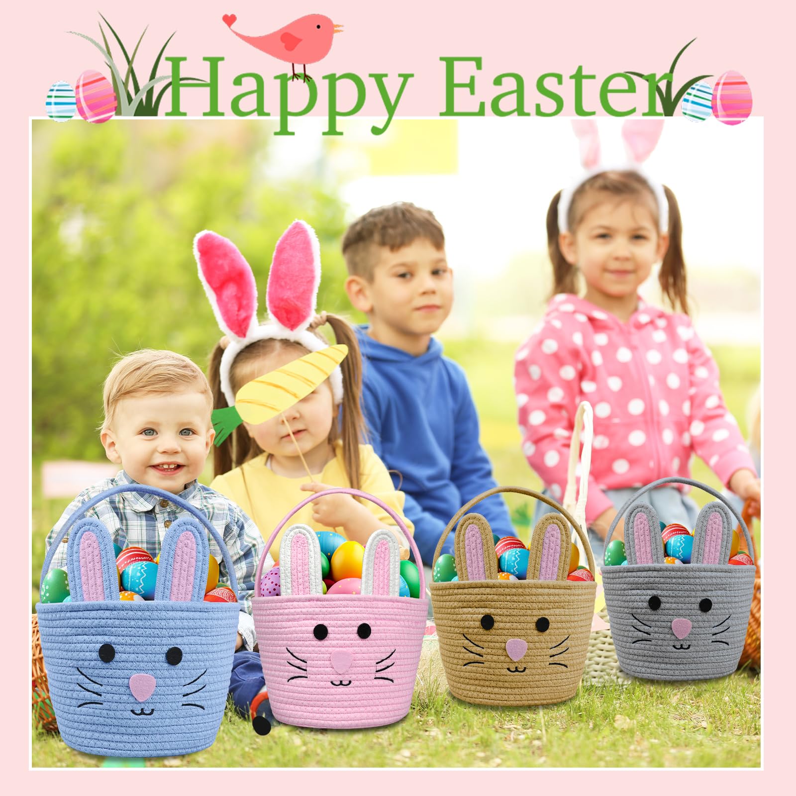 Brbecon Easter Bunny Basket for Kids with Name Tag, Blue Small Woven Easter Basket for Girls, Easter Egg Hunt Baskets Bags Easter Gifts Basket for Girls Baby Kids Children 9.8 x 7.8 x 7.8