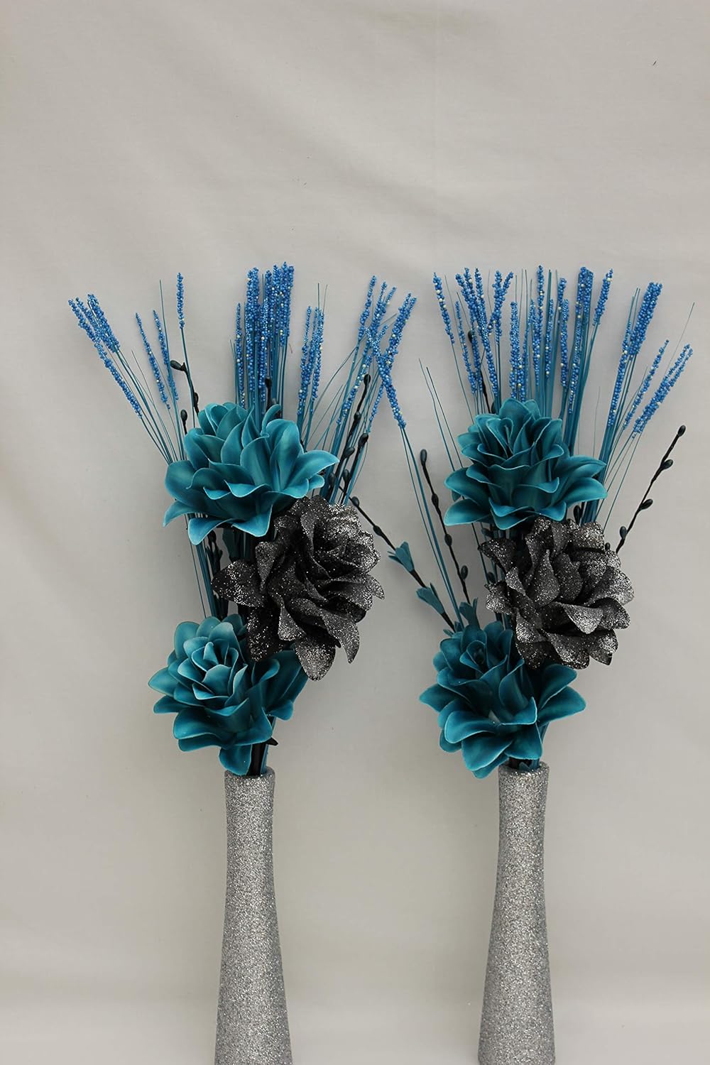 Handmade Artificial Silk Set Of 2 Teal Black Silver Glitter Flowers In Silver Glitter Ceramic Vases