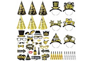 YVAINE 48 Pieces New Years Eve Party Supplies 2026 Black Gold Happy New Year Decorations Kit Includes 6 New Years Party Hats 6 Headband Tiaras 12 Noise Makers and 24 Happy New Year Photo Booth Props