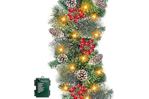 TURNMEON [ Timer & 8 Modes ] 9 Ft by 10 Inch 50 LED Prelit Christmas Garland Decorations Warm White Lights Thick 270 Snowy Tips 70 Red Berry 10 Pinecone Xmas Decor Garland Indoor