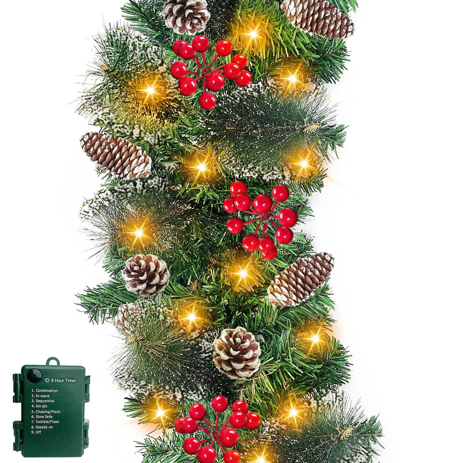 Photo 1 of [ Timer & 8 Modes ] 9 Ft by 10 Inch 50 LED Prelit Christmas Garland Decorations Warm White Lights Thick 270 Snowy Tips 70 Red Berry 10 Pinecone Xmas Decor Garland Indoor