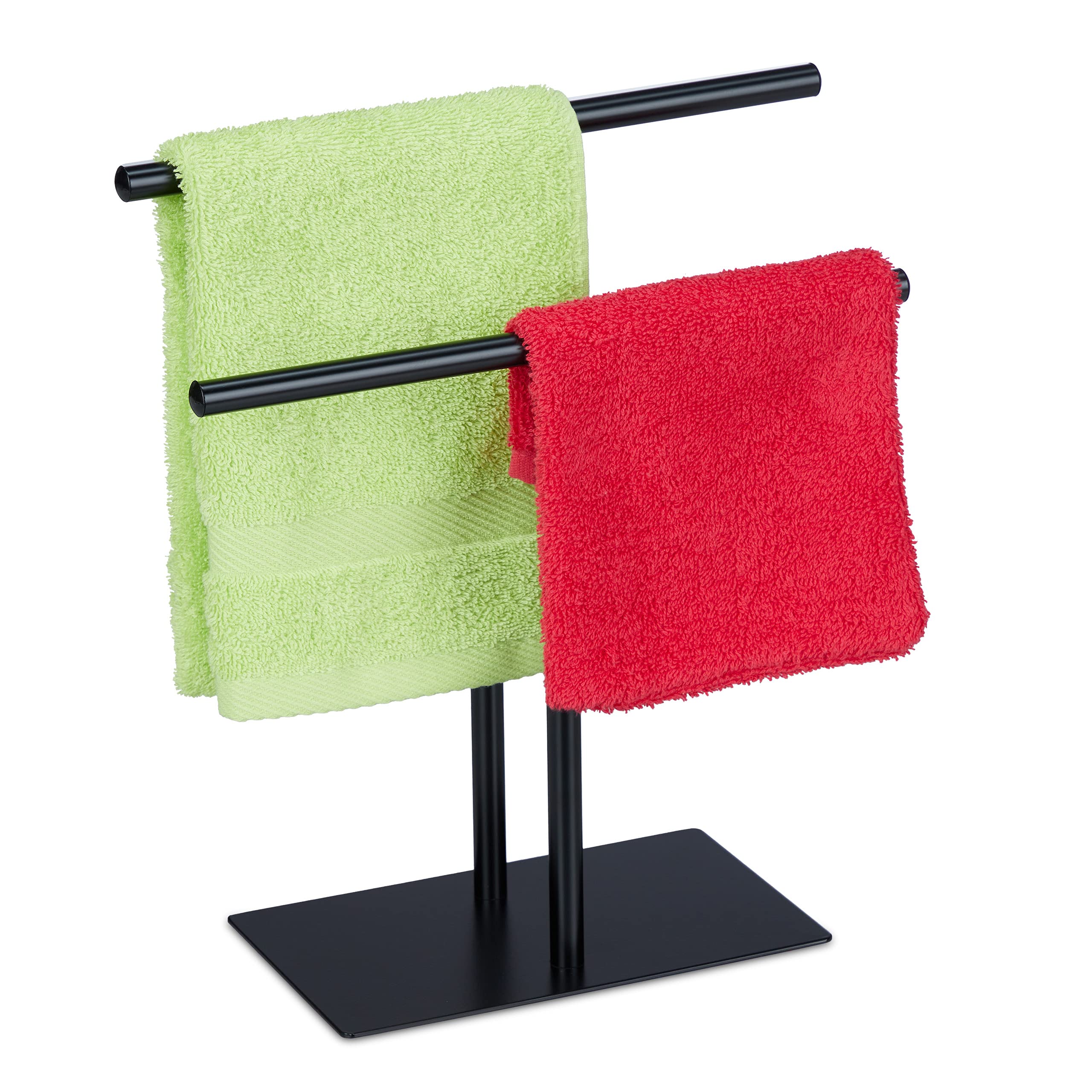 Relaxdays freestanding towel stand with two rails, no-drill towel rack, table top, jewellery organiser, small, black