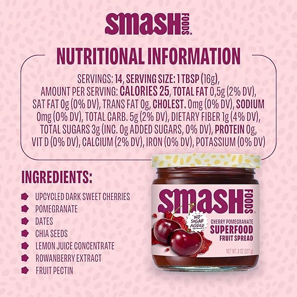 SMASH FOODS CHERRY POMEGRANATE JAM | LOW-CALORIE, NO SUGAR ADDED KETO JAM WITH UPCYCLED FRUIT & CHIA SEEDS | VEGAN, PALEO SUPERFOOD FRUIT SPREAD (1 JAR)