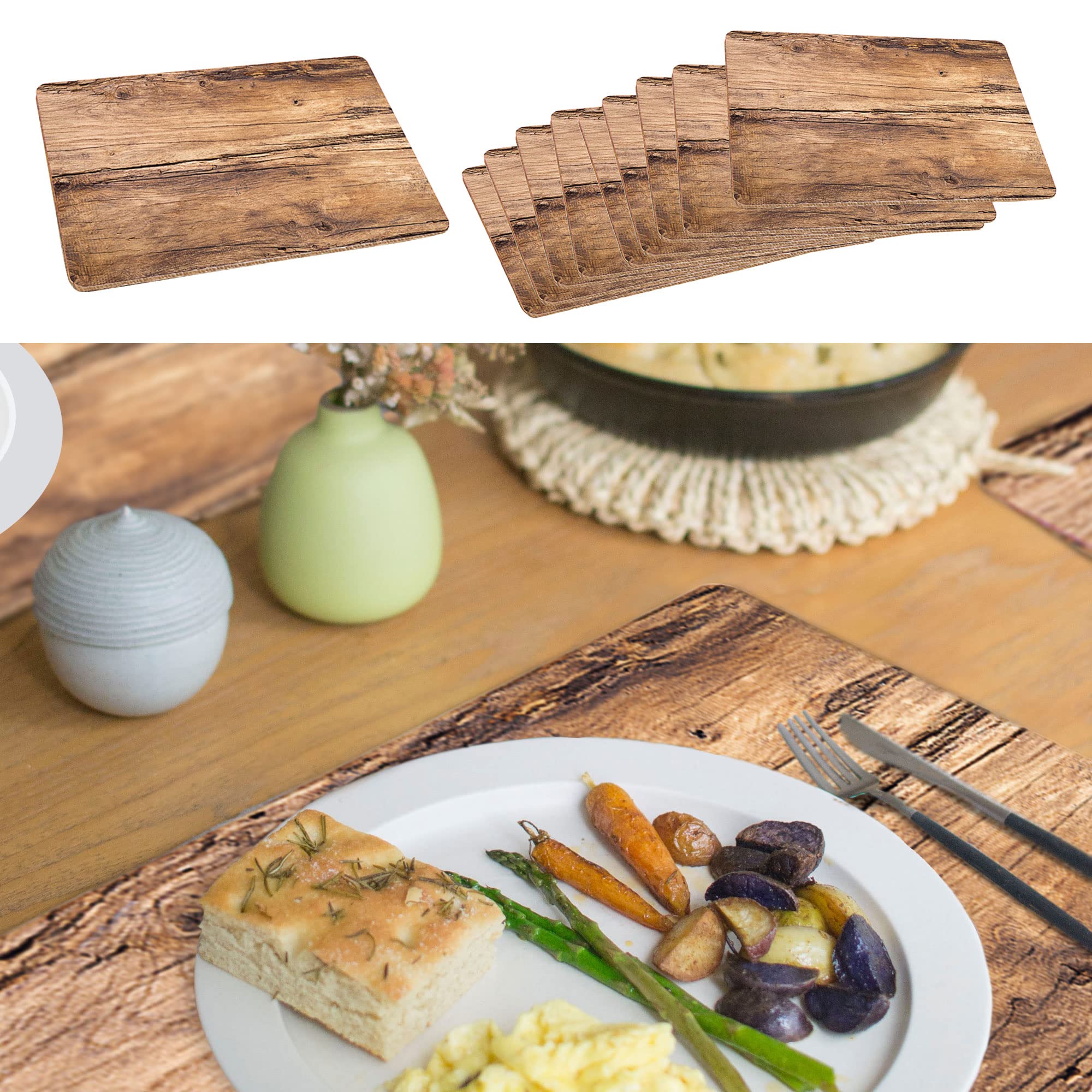 Place Mats Set of 10 | 44 x 28.5 cm Wood Look Oak | Place Mat Table Mat Plate Mat