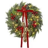 20 Inch Christmas Cedar Wreath for Front Door, with Lights | Artificial Light up Realistic Greenery Wreath, with Red Berries Velvet Bow, Gold Bell, LED Lights, for Xmas DIY Wall Mantel