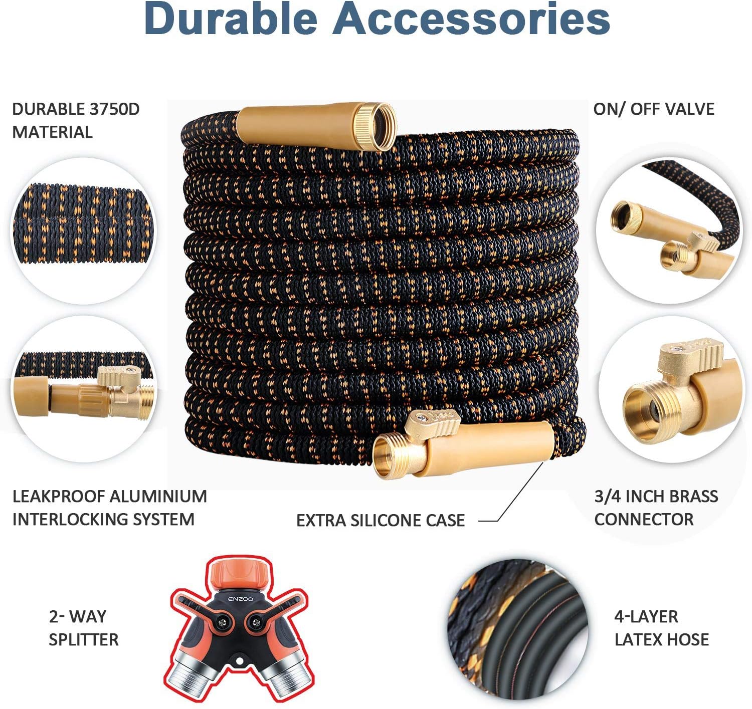 ENZOO Garden Hose Expandable- 4-Layers Latex/Superior Strength 3750D/3/4 Strong Brass Connectors/2-Way Pocket Flexible Splitter with 10 Function Zinc Spray Nozzle (50 Feet) : Garden & Outdoor