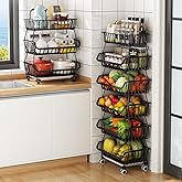 KOLENSA Metal Wire Baskets with Wheels, Stackable Storage Bins Kitchen Organizer Shelf 3-4-5-6 Tier Fruit Vegetable Cart Dishes Seasonal Rack Shelves for Garage, Pantry, Bathroom