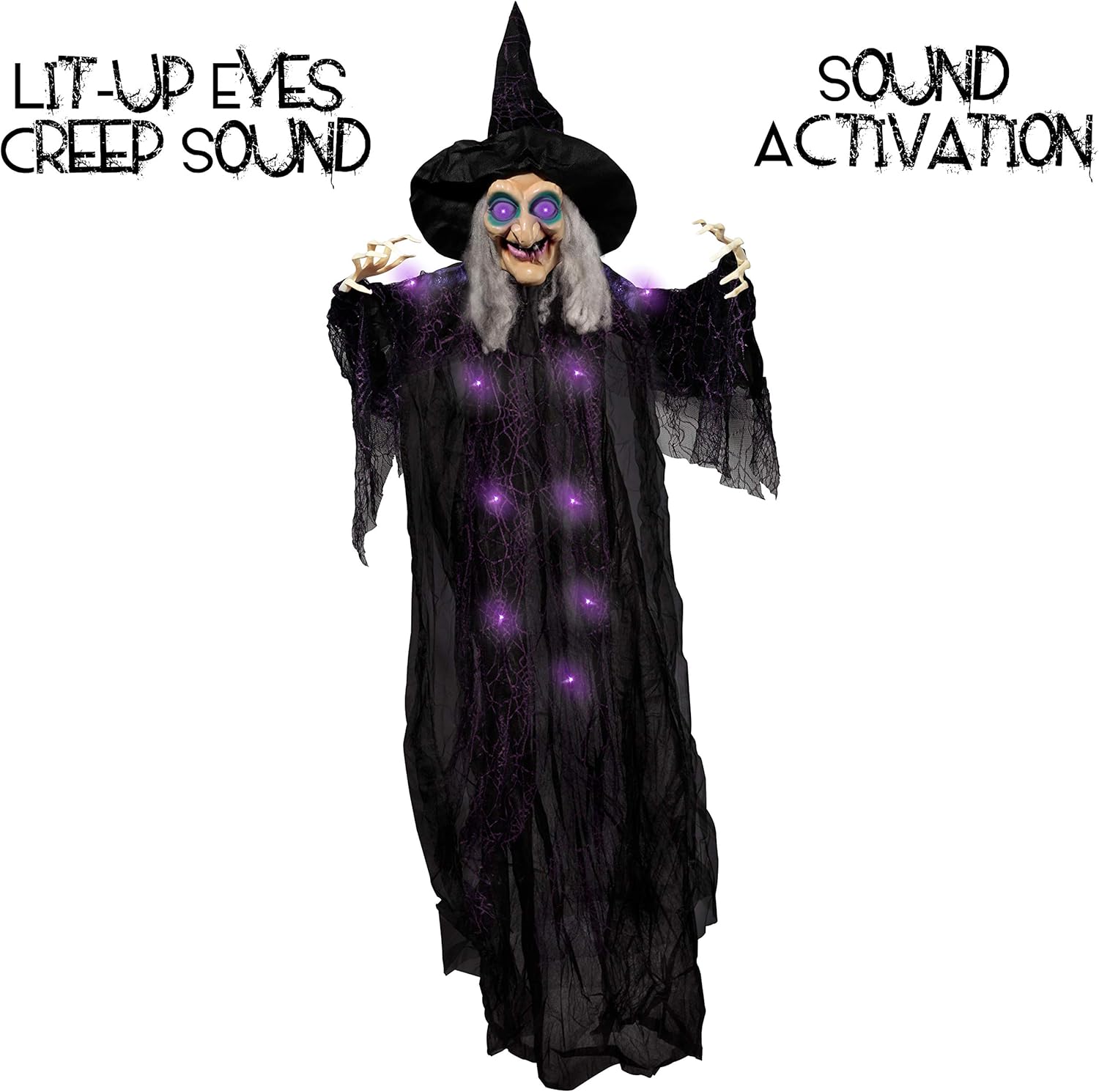 72” Hanging Animated Talking Witch Decoration (Green) with Light-up Eyes and sound activation function for Halloween Haunted House Prop Décor, Halloween Hanging Decorations, Outdoor/Indoor, Lawn Decor: Toys & Games