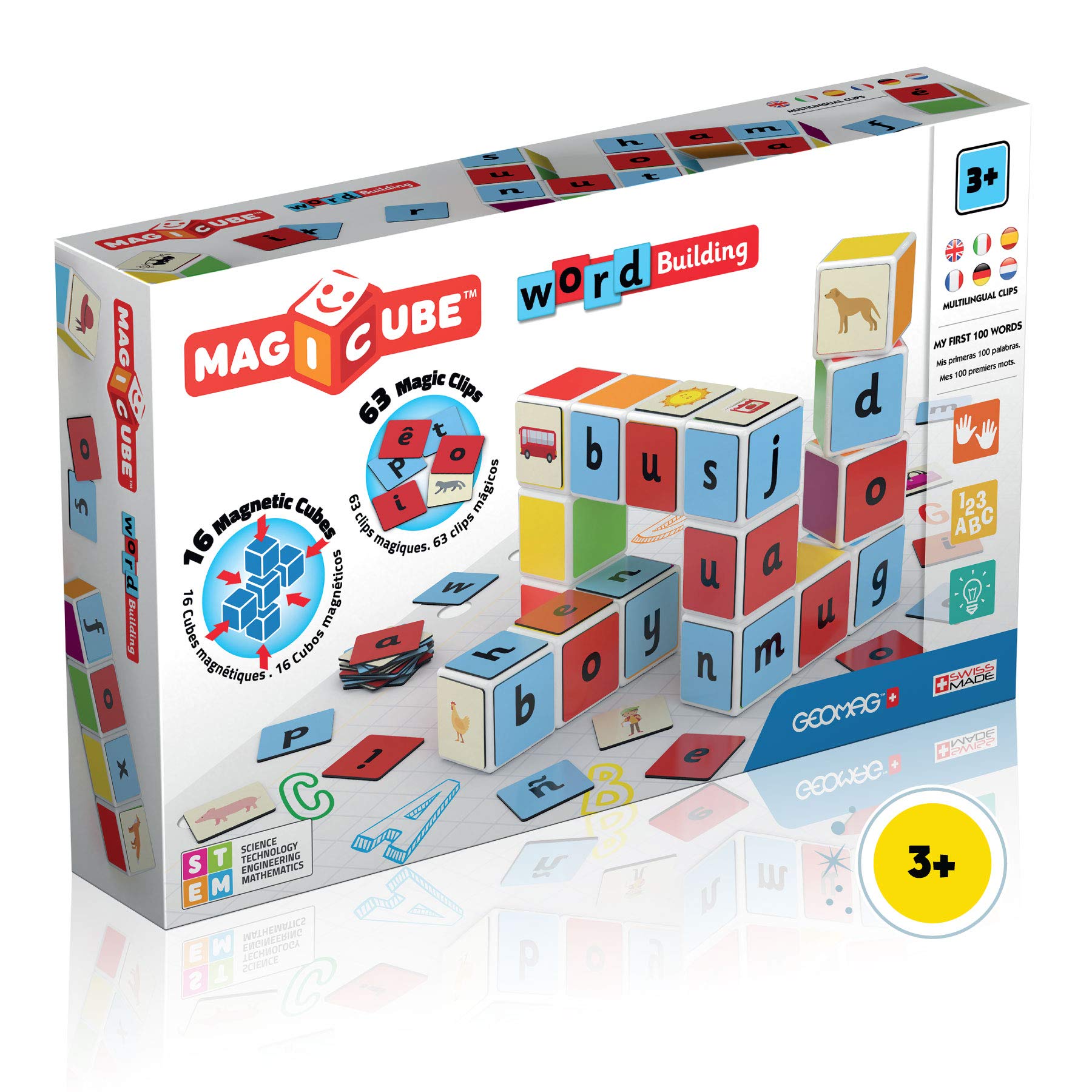 Geomag Magicube Word Building - 16 cubes + 63 clips - magnetic building set with magnetic cubes