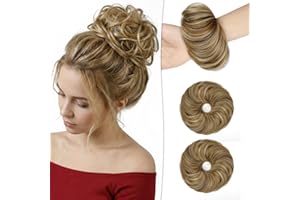 Qunlinta Messy Bun Hair Piece 2 PCS 35g Wavy Curly Bun Scrunchie Extension Tousled Updo for Women Ash Blonde Mix Ginger Brown