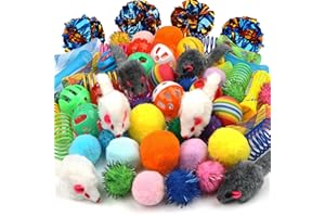 QUOZUO Kitten Toys, 60PCS Cat Balls Springs Toy Set, Cat Mouse Toy, Kitten Sparkle Crinkle Balls Furry Soft Pom Pom