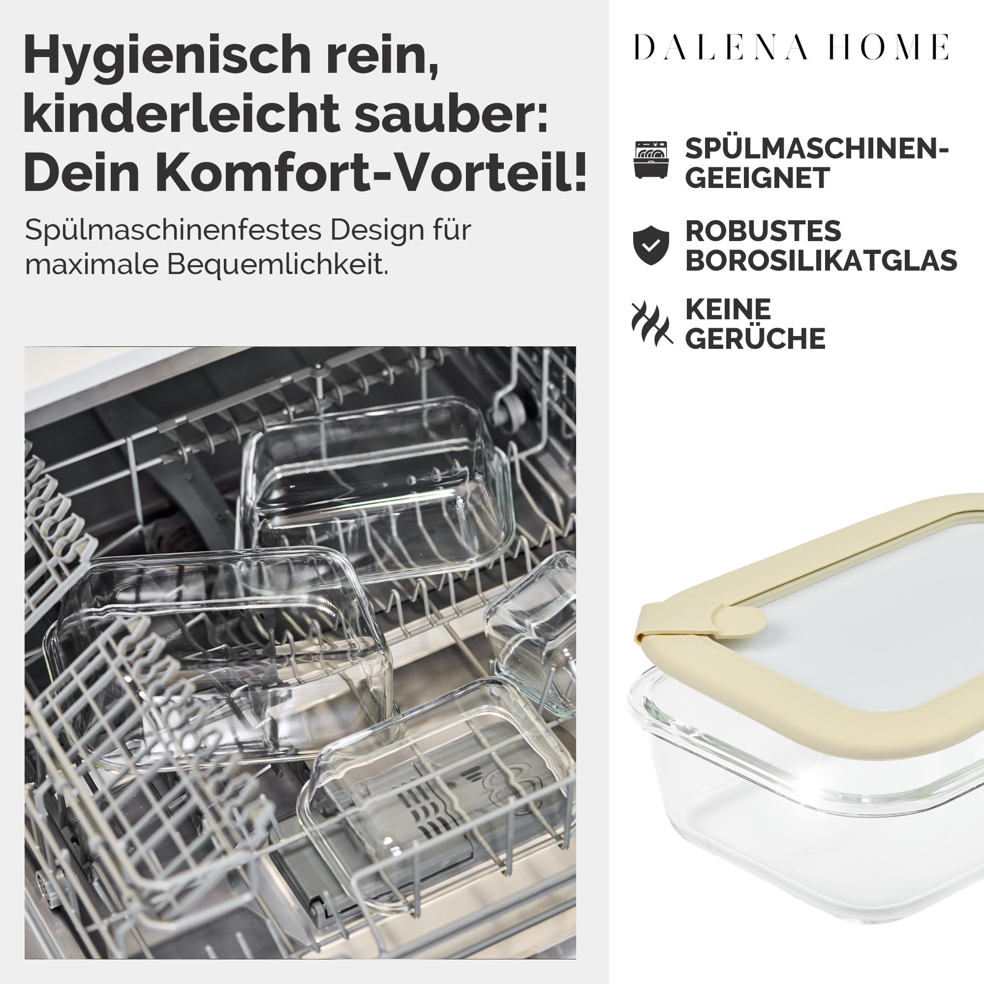 Dalena Home Frischhaltedosen Set 1x370ml, 1x640ml, 1x1020ml, 1x1520ml – Borosilikatglas, Glasbehälter luftdicht & mikrowellengeeignet, Meal Prep, Kühlschrank Organizer, Aufbewahrung Küche 7