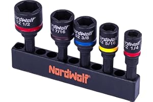 NordWolf 5-Piece SAE Nut Driver Set, S2 Steel Impact Magnetic 2" Nut Setters, Imperial Sizes 1/4"-5/16"-3/8"-7/16"-1/2"