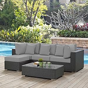 Modway Sojourn Wicker Rattan 5 Piece Outdoor Patio Sunbrella Sectional Set in Canvas Gray