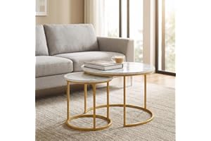 CUIZEHUA Round Nesting Coffee Table Set of 2, Modern Marble Pattern Wooden Nesting Tables, Stacking Minimalist End Table for Living Room Bedroom Small Space, White and Gold