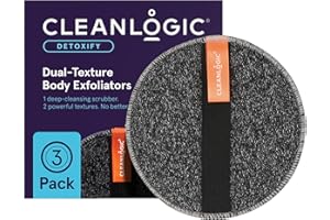Cleanlogic Detoxify Purifying Charcoal Infused Exfoliating Body Scrubber, Dual-Texture Round Exfoliator Tool for Smooth, Clean Skin, Daily Skincare Routine, 3 Count Value Pack