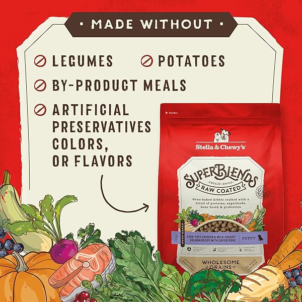 STELLA & CHEWY’S SUPERBLENDS RAW COATED WHOLESOME GRAINS PUPPY CAGE-FREE CHICKEN & WILD-CAUGHT SALMON RECIPE WITH SUPERFOODS, 3.5 LB. BAG