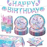 Mermaid Party Supplies Plates and Napkins Sets,Mermaid Birthday Decorations Disposable Plates for Baby Shower, Mermaids Theme Tableware with Cups, Tablecloth, Birthday Banner for Kids Girls, Serve 24