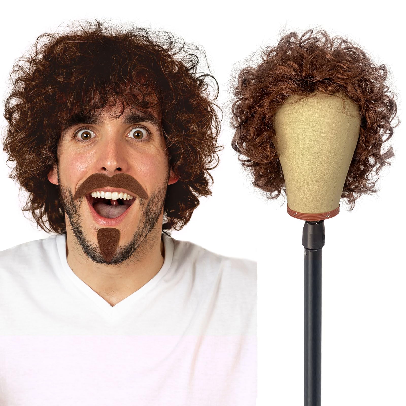 UILYNIU Brown Curly Wig Men with Moustache, Brown Wig for Men Retro Hair Accessory Fancy Dress, Mens Afro Wig, 60s 70s 80s Wigs, Pop Hippy Wigs, Rock for Costume Party