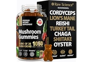 S RAW SCIENCE Mushrooms Complex Gummies with Lions Mane, Nootropic Brain Supplements for Memory and Focus: Lion's Mane, Cordyceps, Shiitake, Turkey Tail, Reishi, Chaga, Enoki, Oyster Mushroom Supplement - 60 Units