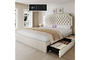 YITAHOME King Size Bed Frame with Adjustable Headboard, 4 Storage Drawers and Charging Station, Linen Upholstered Bed Frame with Button Tufted, No Box Spring Needed, Fast Assembly, Noise-Free, Beige
