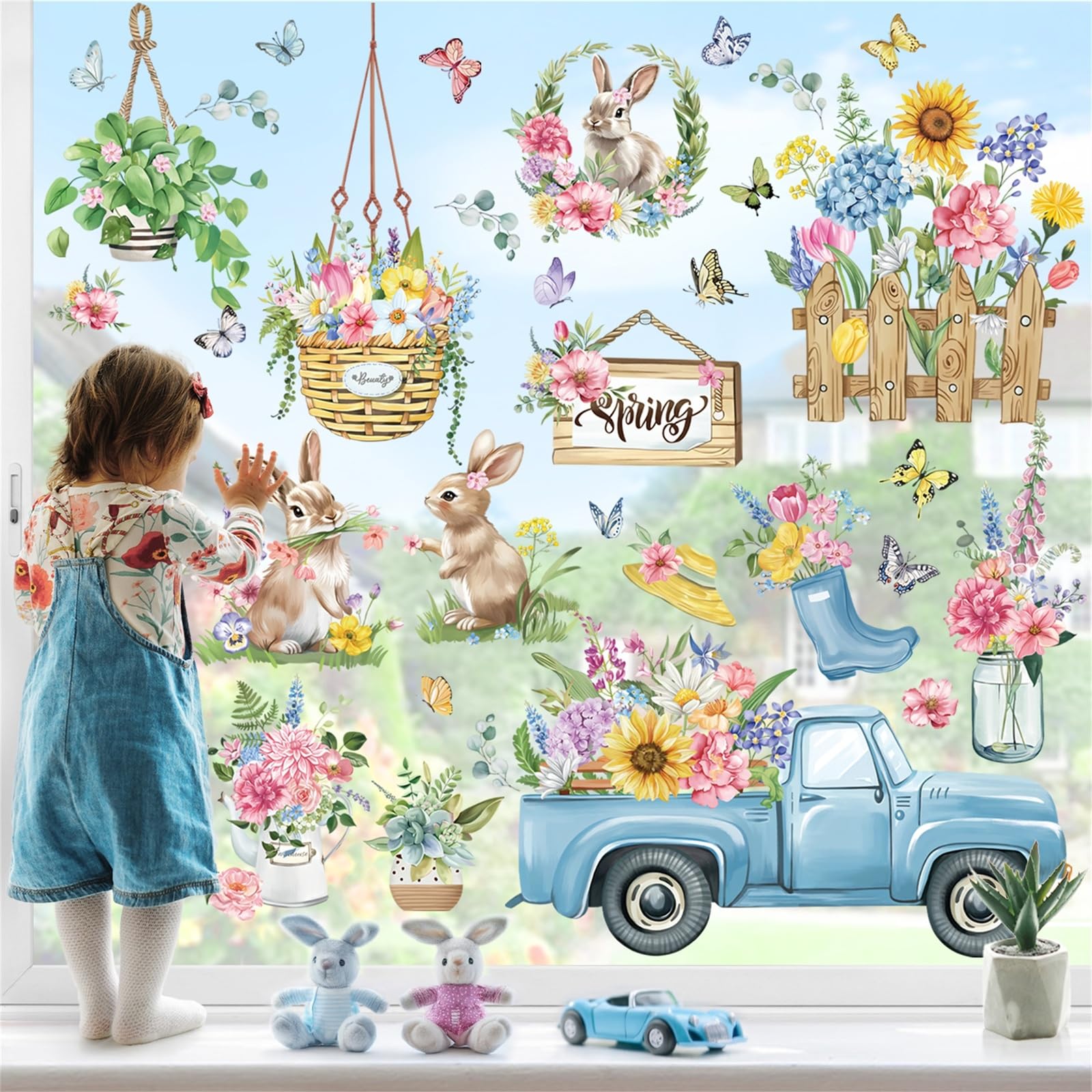 wondever Spring Garden Flower Truck Window Clings Floral Butterflies Bunny Glass Sticker Decal Anti Collision Double-Side Static Window Stickers for Home Glass Window
