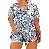 ForHailey Women's Plus Size Shirt Short Sleeve Button Round Neck Top Basic Ladies Loose Fit T Shirt
