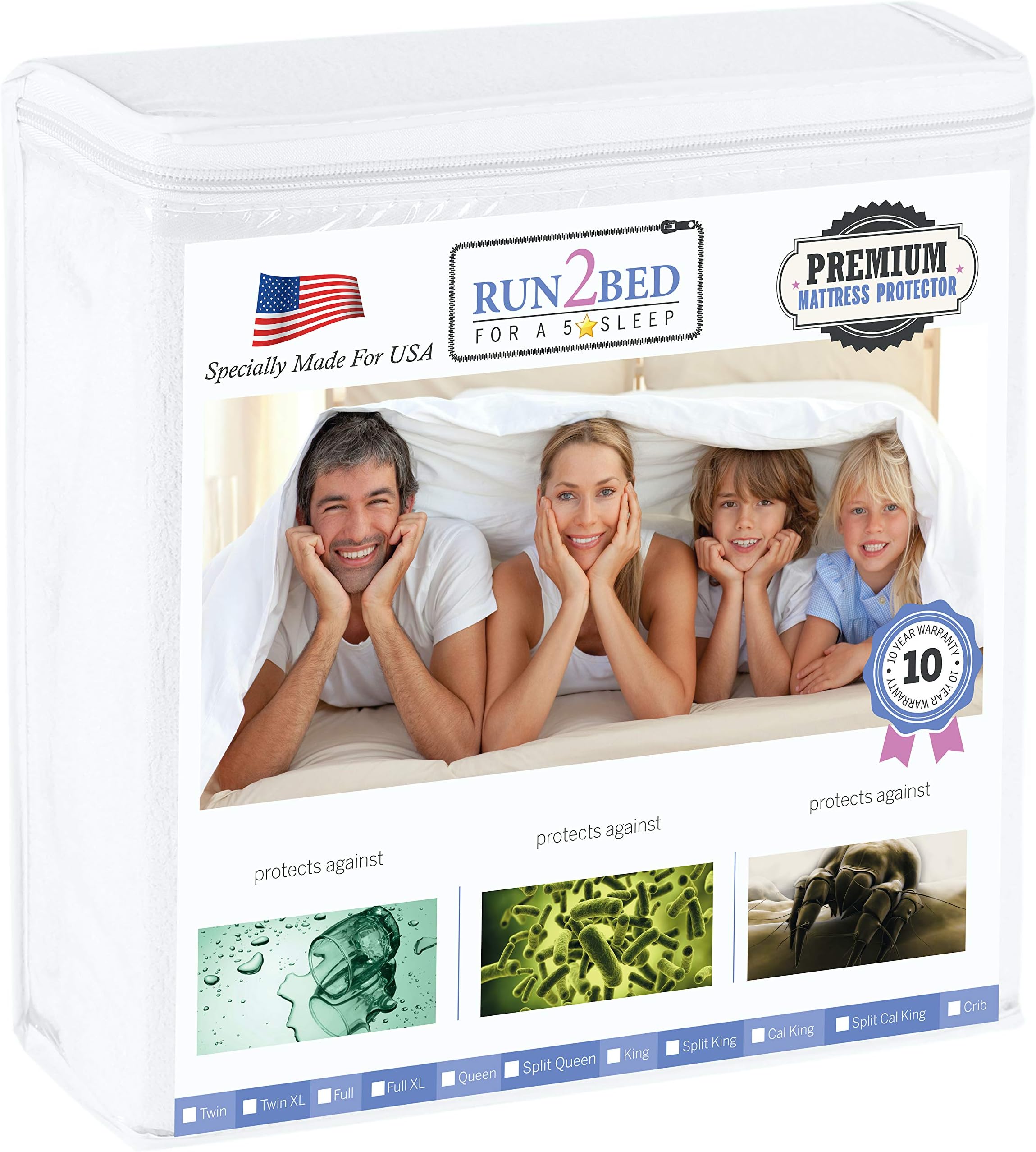 RUN2BED Full Size Mattress Protector Luxury Turkish Cotton 100% Waterproof Terry Cover - Rapid Cool Tech - Vinyl Free - 10 Year Warranty