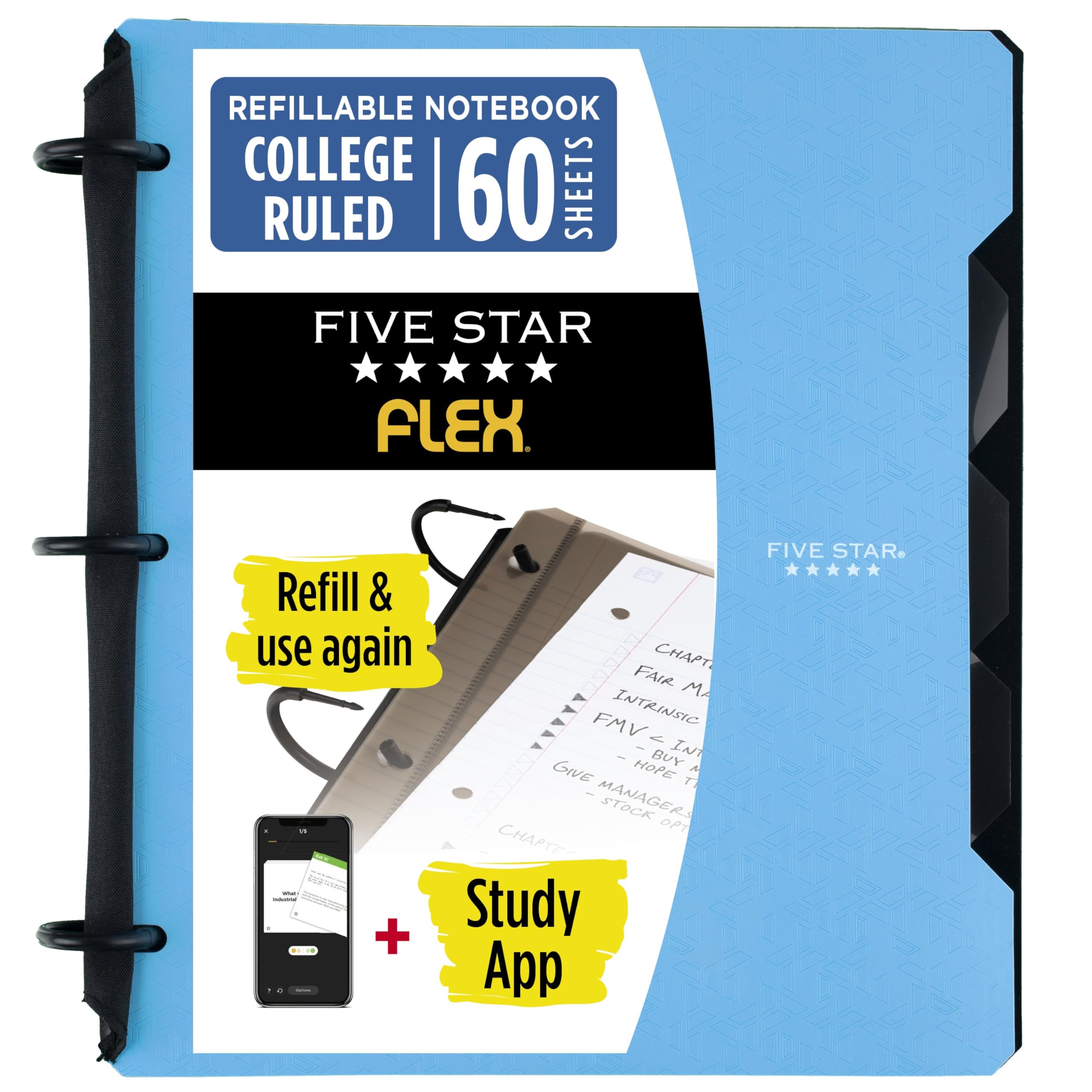 Cuaderno recargable Five Star Flex + aplicación de estudio, papel con rayas universitarias y carpeta de anillas TechLock de 1 pulgada con bolsillos, pestañas y divisores, capacidad para 200 hojas, azul pacífico (293280AD2)