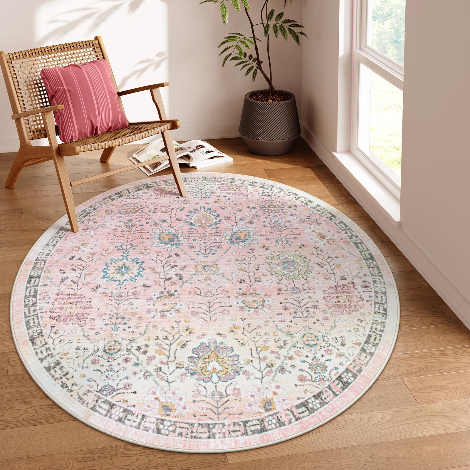 Photo 1 of Lahome Flavie Light Pink Boho Rug 6ft, Circle Washable Area Rugs for Playroom Kids Room, Soft Floral Nursery Round Carpet Non Slip, Pastel Floor Carpet for Bedroom Living Room