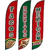 LookOurWay Mexican Food Feather Flag Bundle 3-Pack - 12 Feet Tall Tacos and Burritos Advertising Flag Banner for Business Promotion - Flag Only, No Poles Included (Tacos, Burritos, Mexican Food)