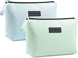 Maange Small Cosmetic Bag 2 Pcs Green Blue PU Leather Travel Pouch with Handle