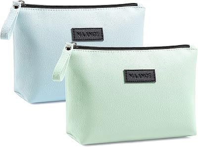 Maange Small Cosmetic Bag 2 Pcs Green Blue PU Leather Travel Pouch with Handle
