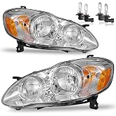 ROADEAL Headlights for 2003-2008 Toyota Corolla CE LE S XRS | Halogen Headlamp Replacement with High Low Beam Bulbs, Chrome Housing, Driver &amp; Passenger Side