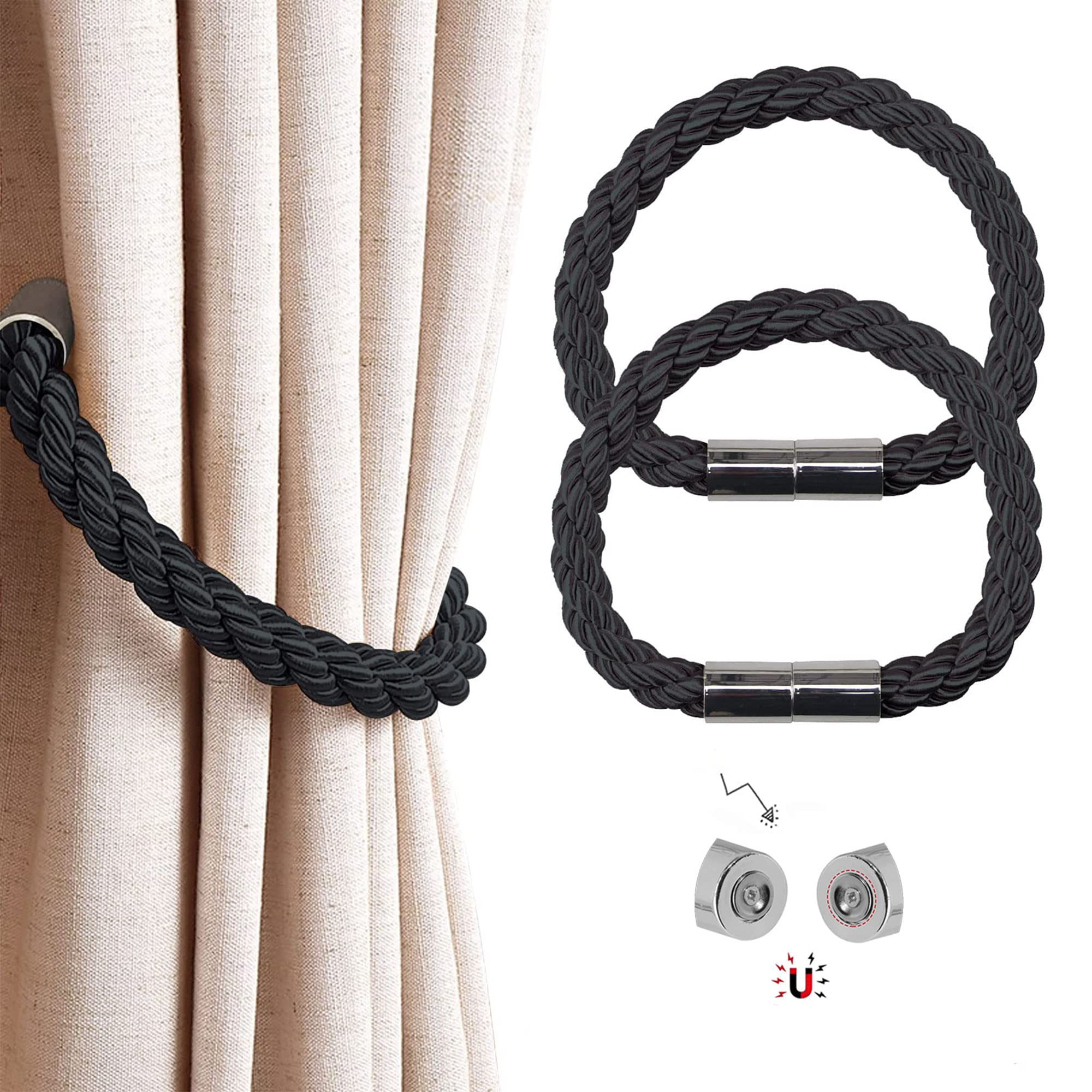 Magnetic Curtain Tie Backs, 2 Pack Braided Rope Curtain Holdbacks with Strong Magnet, 22 Inch Holder Decoration for Thin or Thick Home and Office Curtains, Black