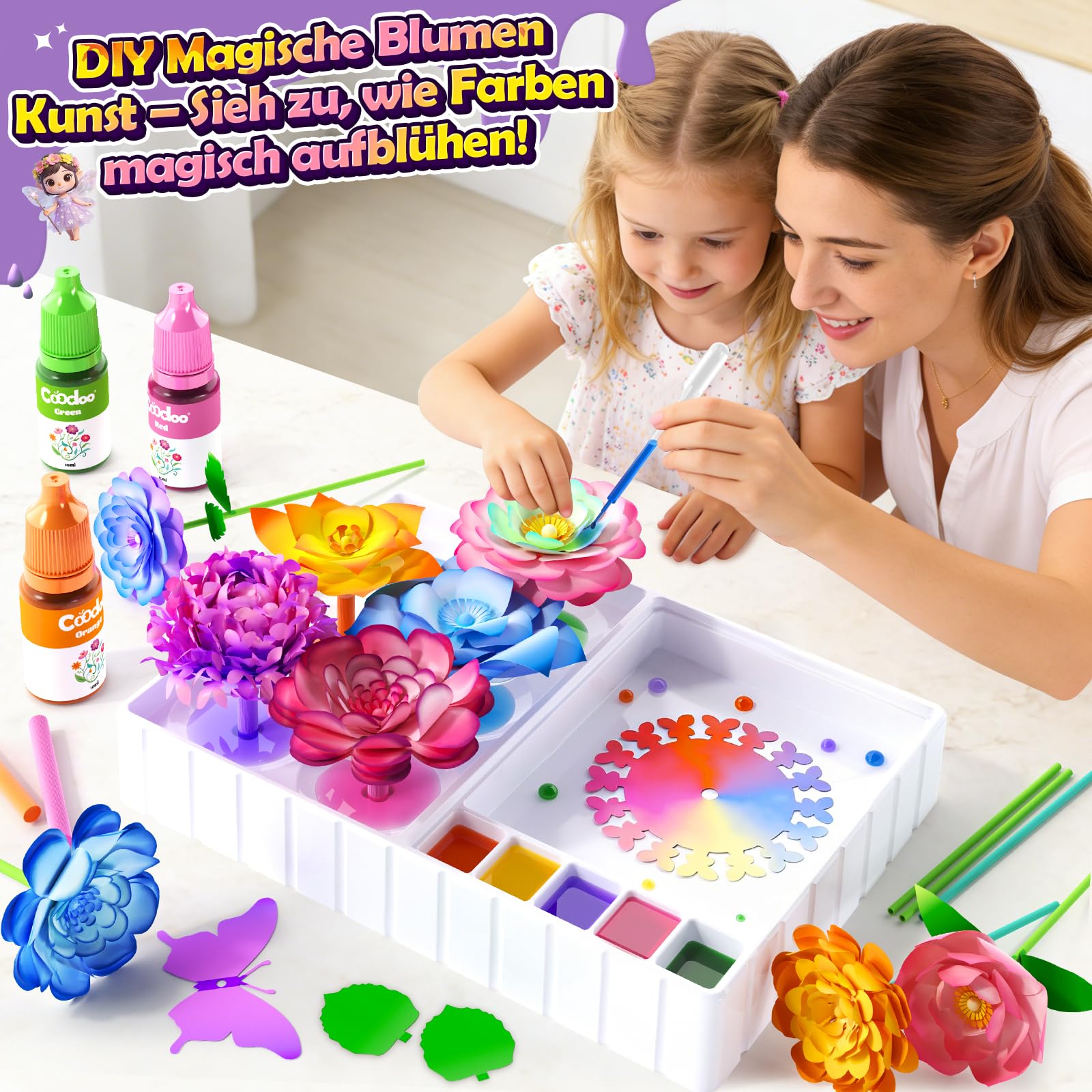 DIY Blumen Bastelset Kinder – Magisches Färben Floristik Set Basteln Mädchen Jungen Montessori Spielzeug ab 3 Jahre, Kreatives Geburtstags Ostern Valentinstag Geschenke Mädchen 3 4 5 6 7 8 9 10 Jahre 2
