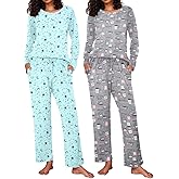 Ekouaer 2 Pack Womens Pajama Sets Long Sleeve Pjs Lounge Set Soft Comfy Sleepwear Winter Loungewear