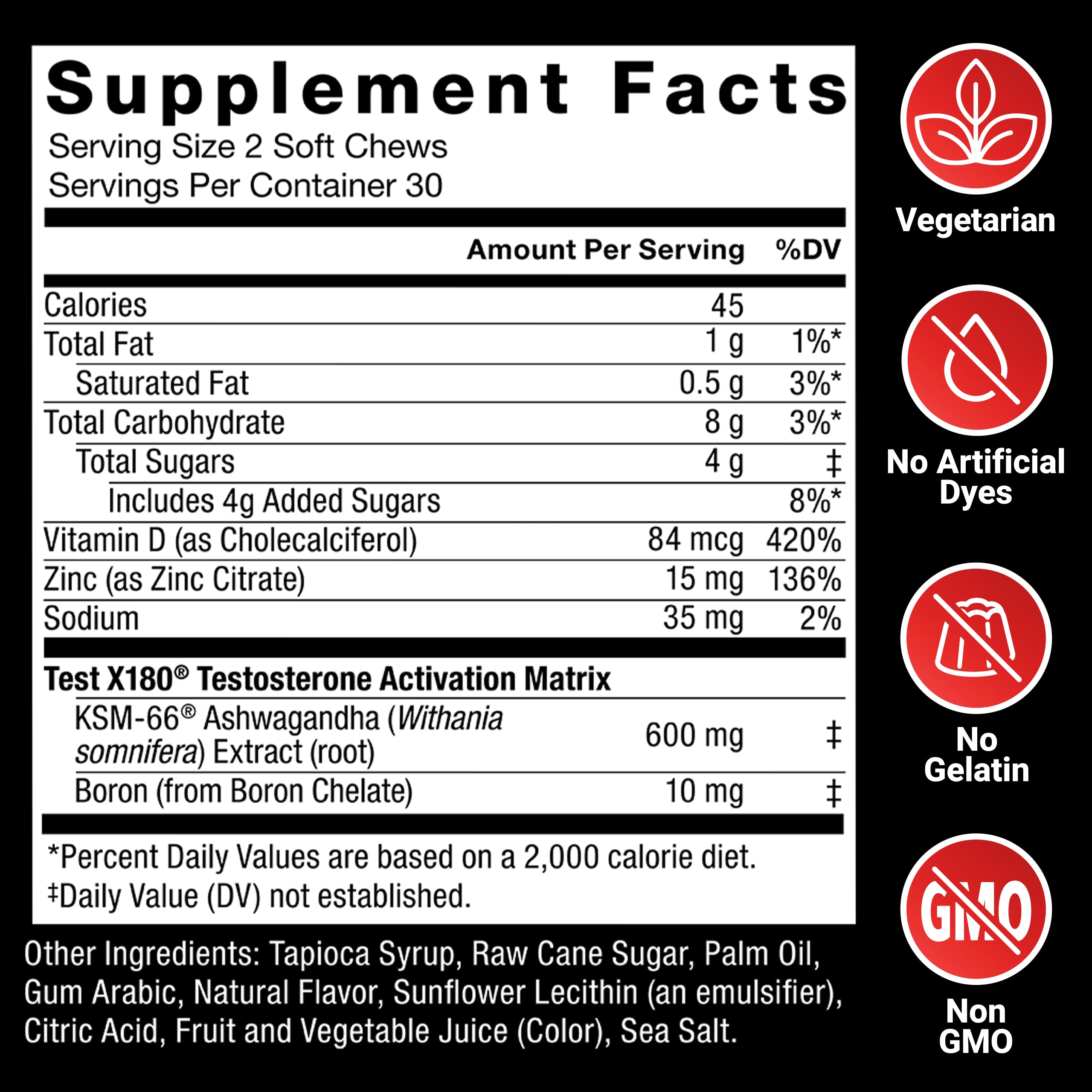 FORCE FACTOR Test X180, Testosterone Support for Men with Clinically Studied KSM-66 Ashwagandha, Boron, Vitamin D & Zinc, Support Testosterone & Performance, Berry Blast, 60 Soft Chews