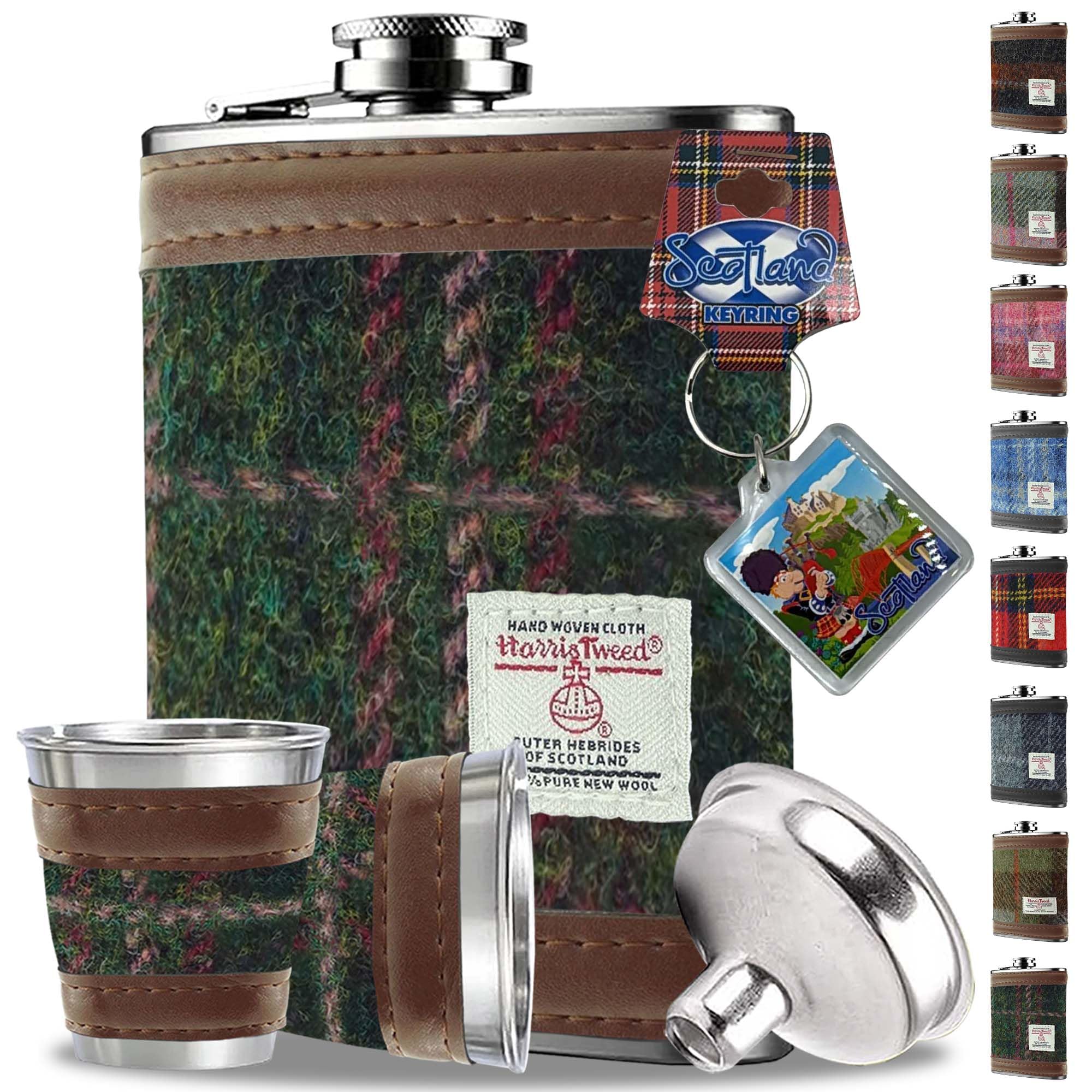 6oz Harris Tweed Hip Flask Winter Gift Set - Shot Glasses, Pour Funnel, Keyring – Stainless Steel Tartan Liquor flasks for Men - Leak Proof lid (Dark Green & Plum Check)
